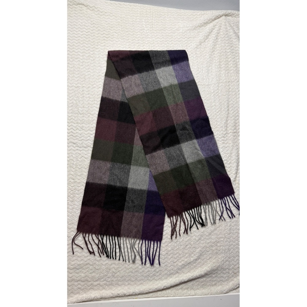 Edinburgh 100% Lambswool Plaid Scarf Purple Green Grey Fringed Scotland 62x12